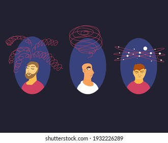 Cuestiones mentales. Personajes masculinos con muchos pensamientos confusos, mal humor, depresión, ansiedad, estrés. Personas con necesidades especiales. Ilustración plana vectorial.