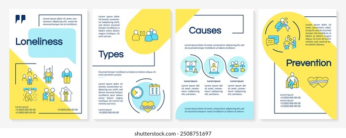 Soledad mental Plantilla de folleto azul y amarillo. Diseño de folleto con iconos lineales. 4 diseños de Vector editables para presentación, informes anuales