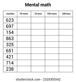 mental math worksheet on white background
