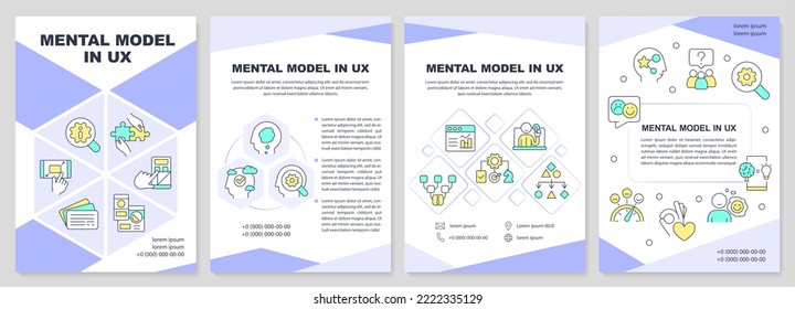 Mental model in UX brochure template. Research method. Leaflet design with linear icons. Editable 4 vector layouts for presentation, annual reports. Arial-Black, Myriad Pro-Regular fonts used