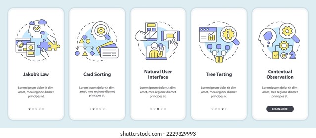 Mental models in user experience design onboarding mobile app screen. Walkthrough 5 steps editable graphic instructions with linear concepts. UI, UX, GUI template. Myriad Pro-Bold, Regular fonts used
