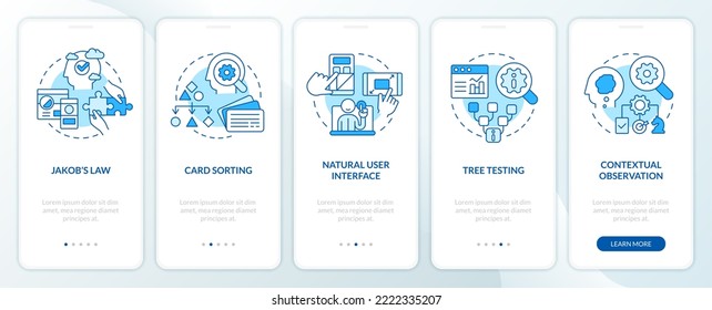Mental models in user research blue onboarding mobile app screen. Walkthrough 5 steps editable graphic instructions with linear concepts. UI, UX, GUI template. Myriad Pro-Bold, Regular fonts used