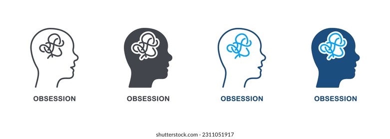 Obsesión mental en la silueta de cabeza humana y conjunto de iconos de línea. Brainstorm, Depresión, Pictograma de caos. Colección de símbolos de alteración de la mente de la persona. Proceso Intelectual. Ilustración de vectores aislados.