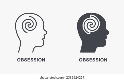 Obsesión mental en la silueta de cabeza humana y conjunto de iconos de línea. Depresión, Hipnosis Psicología Terapia Pictograma. Colección de símbolos de desorden mental. Proceso Intelectual. Ilustración de vectores aislados.