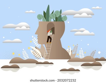 Mental peace and awareness concept. Woman carries flowers in profile of her head. Filling mind with positive energy. Yoga and meditation. Cartoon flat vector illustration isolated on blue background