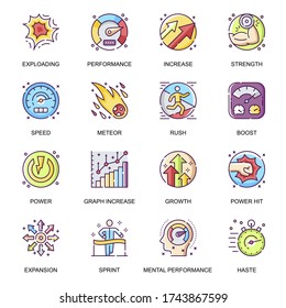 Mental performance flat icons set. Power hit, boost and rush, exploding and increase, expansion and growth, speed and power line pictograms for mobile app. Efficiency improvement vector icon pack.