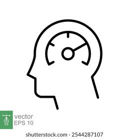 Mental performance icon. Head and speedometer, learn fast, brain memory, psychology concept. Simple outline style. Thin line vector illustration isolated on white background. EPS 10.