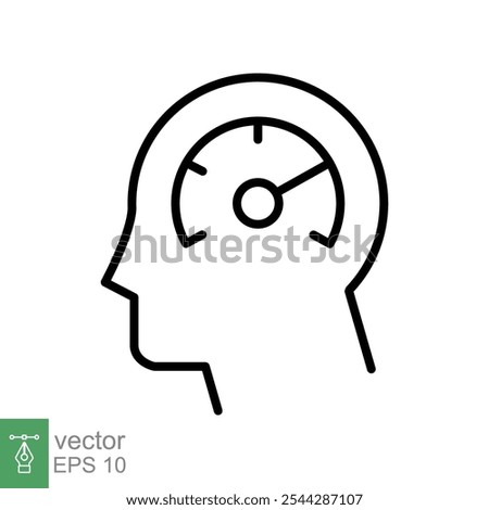 Mental performance icon. Head and speedometer, learn fast, brain memory, psychology concept. Simple outline style. Thin line vector illustration isolated on white background. EPS 10.