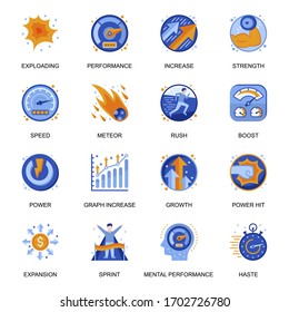 Mental performance icons set in flat style. Power hit, boost and rush, exploding and meteor, expansion and growth, speed and power signs. Efficiency improvement pictograms for UX UI design.