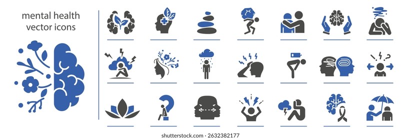 problema de personalidade mental símbolos simples, ícones de saúde mental, ansiedade ou estresse ícone conjunto, ilustração vetor plana, esboço de curso editável