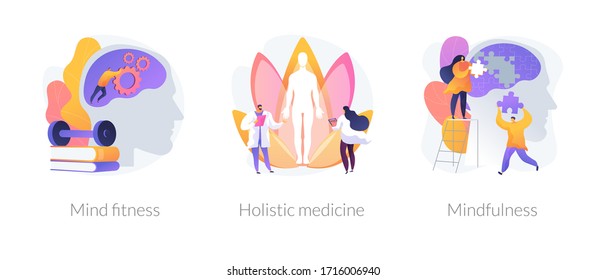 Mental and physical health treatment abstract concept vector illustration set. Mind fitness, holistic medicine, mindfulness, whole body treatment, mental calmness, meditation abstract metaphor.