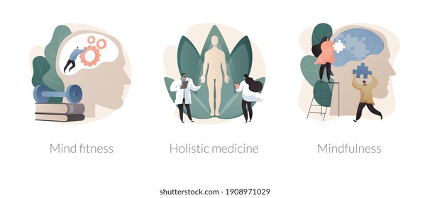 Mental And Physical Health Treatment Abstract Concept Vector Illustration Set. Mind Fitness, Holistic Medicine, Mindfulness, Whole Body Treatment, Mental Calmness, Meditation Abstract Metaphor.