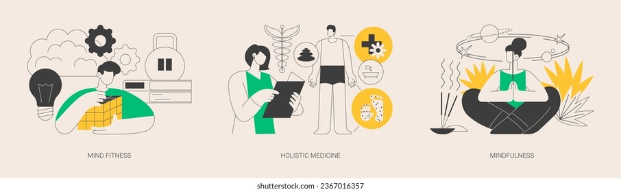 Conjunto de ilustraciones vectoriales del concepto abstracto de tratamiento de la salud mental y física. Mentalidad, medicina holística, atención, tratamiento corporal completo, calma mental, meditación metáfora abstracta.