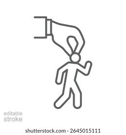 Mental Pressure Icon Vector, Big Hand Grabbing Head of Small Person Symbol, Editable Stroke Outline for Workplace Control, Burnout, Micromanagement, and Job Stress Awareness Icon