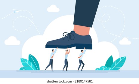 Mental pressure on employees. Scared and shocked team of young businessmen and businesswomen underboss pressure. Bigg boss has overworked workers. Corporate slavery. Flat design. Vector illustration