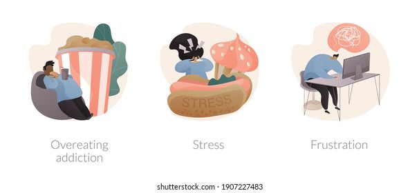 Mental problem abstract concept vector illustration set. Overeating addiction, stress and frustration, addictive food-related behavior, overworking, psychologist session, anxiety abstract metaphor.