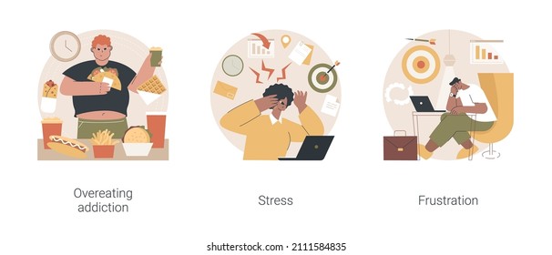 Mental problem abstract concept vector illustration set. Overeating addiction, stress and frustration, addictive food-related behavior, overworking, psychologist session, anxiety abstract metaphor.