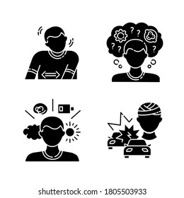 Mental problem black glyph icons set on white space. Tourette syndrom. Repetitive movement in patient. Psychological disorder. Mood swing. Silhouette symbols. Vector isolated illustration