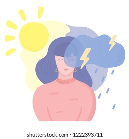 Mental problem illustration. Girl depressed, with bipolar disorder, fast changing mood. Mental health weather concept. Vector illustration, cartoon flat style.