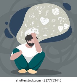 Mental problem. Man with bad emotion sitting and thinking about mind problems. Vector conceptual background