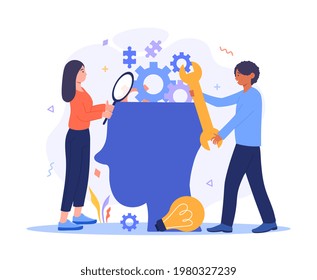 Prevención de problemas mentales, felicidad y armonía creativa. Conciencia, pensamiento positivo, idea de autocuidado. Los hombres y las mujeres recuperan el equipo en persona. Concepto de vector de cartografía metáfora abstracta plana