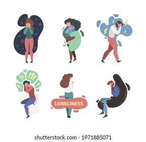 Mental problems characters. Scary psychology unhealthy persons bad feelings aloneness emotion rain in soul garish vector flat characters