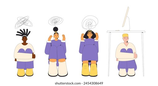 Mental problems characters set. Young people with burnout, confusion and depression isolated on white background. Teenage girls and boy with bad mood. Stressed persons. Vector outline illustration.