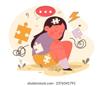 Mental problems of a child. Unhappy neglected little girl. Kid with missing parts of personality. Absence and uninvolvement of dad, lack of parental responsiveness to a child. Flat vector illustration