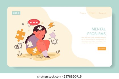 Problemas mentales de un banner web o página de aterrizaje para niños. La infeliz niña descuidada carece de partes de personalidad. Ausencia o falta de respuesta de los padres a un niño. Ilustración vectorial plana