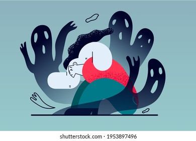 Mental problems, Depression, grief concept. Despaired woman floor having fears and scary fantasies feeling sorrow, depression, sadness vector illustration