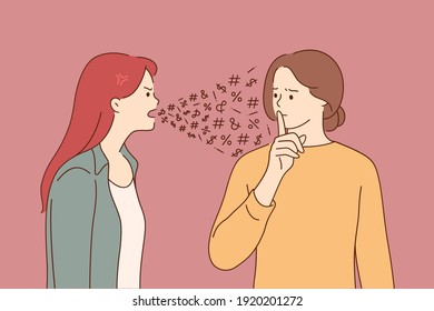 Mental problems, disorder, split personality concept. Angry young woman cartoon character screaming at another her personality with finger on lips gesture meaning silence with negative emotion