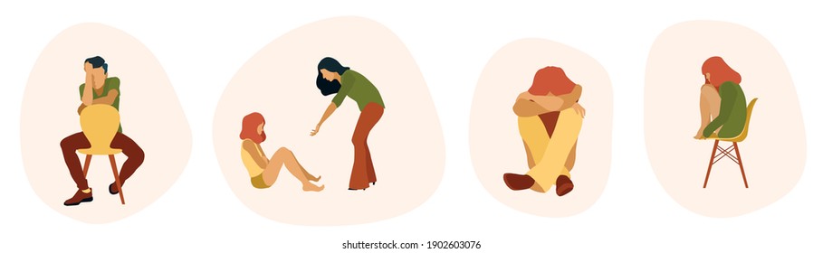 Mental problems people vector set. Depression help. Psychologist work. Emotions. Refusing to talk, Man, woman, children coping with problems. sitting. Closed poses. Psychological care. 