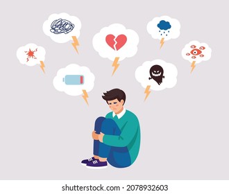 Mental problems, psychological instability concept. Boy is surrounded by symptoms of depressive disorder. Vector illustration in flat style. 