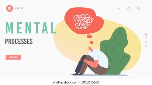 Mental Processes Landing Page Template. Depressed Unhappy Man Sit on Floor with Tangled Thoughts in Head. Male Character need Psychological Help. Mind Problem, Depression. Cartoon Vector Illustration