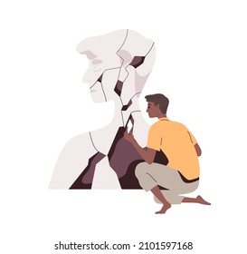 Mental recovery and rehabilitation, psychology concept. Person during restoration of broken self fragments, psychotherapy process. Mind health. Flat vector illustration isolated on white background