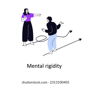 Mental rigidity, psychology concept. Stubborn inflexible person solving problem in complicated way, ignoring easy simple straight path, solution. Flat vector illustration isolated on white background.