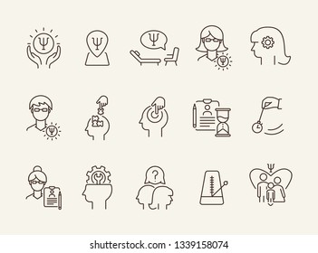 Mental science line icon set. Patient, psychologist, brain work. Psychology concept. Can be used for topics like psychoanalysis, mental activity, family therapy