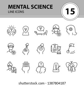 Mental science line icon set. Patient, psychologist, brain work. Psychology concept. Can be used for topics like psychoanalysis, mental activity, family therapy