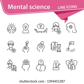 Mental science line icon set. Patient, psychologist, brain work. Psychology concept. Can be used for topics like psychoanalysis, mental activity, family therapy