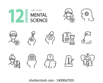 Mental science line icon set. Patient, psychologist, brain work. Psychology concept. Can be used for topics like psychoanalysis, mental activity, family therapy