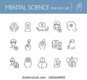 Mental science line icon set. Patient, psychologist, brain work. Psychology concept. Can be used for topics like psychoanalysis, mental activity, family therapy