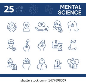 Mental science line icon set. Patient, psychologist, brain work. Psychology concept. Can be used for topics like psychoanalysis, mental activity, family therapy