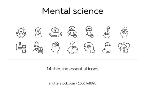 Mental science line icon set. Patient, psychologist, brain work. Psychology concept. Can be used for topics like psychoanalysis, mental activity, family therapy