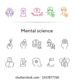 Mental science line icon set. Patient, psychologist, brain work. Psychology concept. Can be used for topics like psychoanalysis, mental activity, family therapy