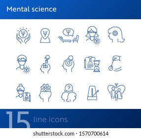 Mental science line icon set. Patient, psychologist, brain work. Psychology concept. Can be used for topics like psychoanalysis, mental activity, family therapy