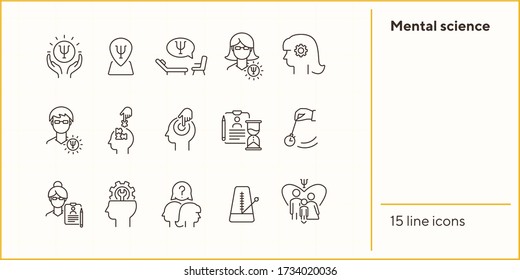 Mental science line icon set. Patient, psychologist, brain work. Psychology concept. Can be used for topics like psychoanalysis, mental activity, family therapy