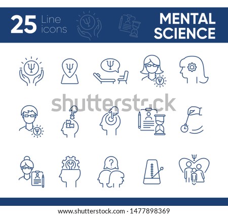 Mental science line icon set. Patient, psychologist, brain work. Psychology concept. Can be used for topics like psychoanalysis, mental activity, family therapy