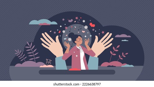 Mental self care for emotional balance and health harmony tiny person concept. Psychological support and wellness for female with self acceptance and esteem vector illustration. Happy woman in love.