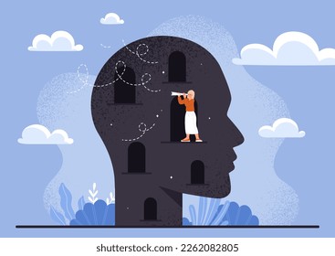 Mental self discovery concept. Woman in abstract head silhouette. Young girl with binoculars plans and sets goals. Mindfulness and psychology, mental health. Cartoon flat vector illustration