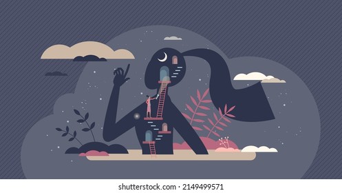 Mental self discovery and inner personality explore tiny person concept. Personal emotions and feelings psychological research with therapy session vector illustration. Woman searching for identity.